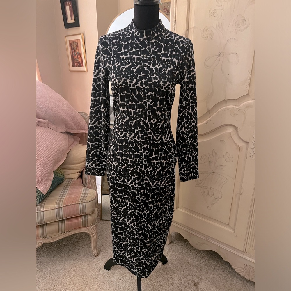 Black and white animal print Ted Baker mock neck long sleeve dress